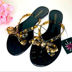 Studded PVC Leopard Black Jelly Slide Thong w/ Bow